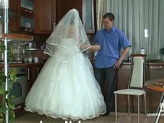 Voluptuous bride in glossy white nylons getting her beaver worked hard